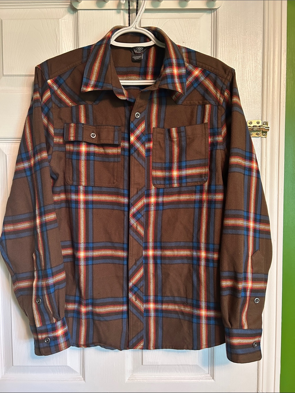 Brown Plaid Button-Up Shirt with Blue & Red Stripes